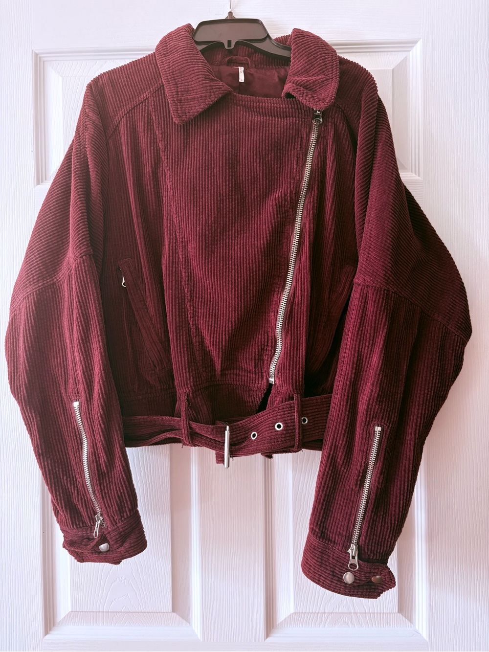 Free People Corduroy Asymmetrical Zip Jacket - Wine Size Large